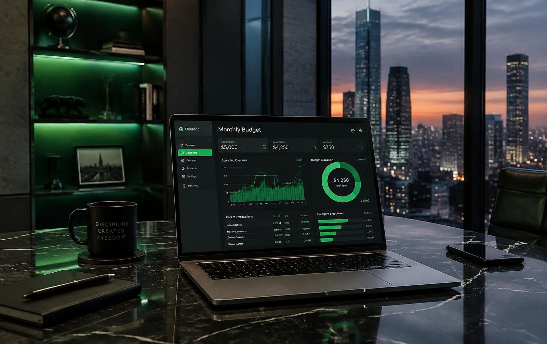 Laptop showing an example monthly budget dashboard in a dark executive office