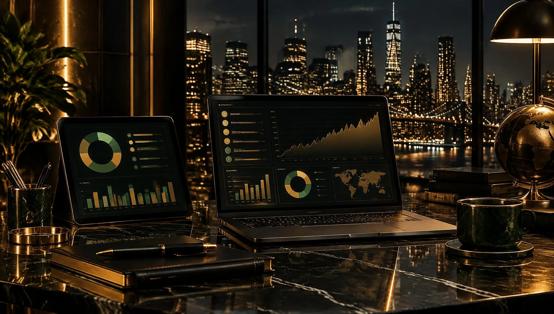 Executive desk with financial dashboards overlooking a city skyline at night